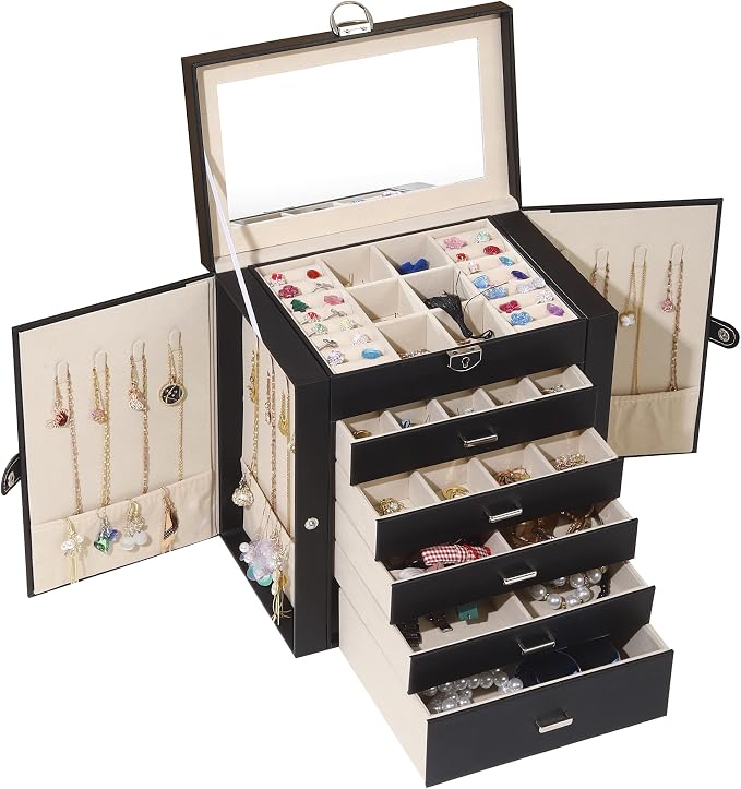 BOOVO Jewelry Box For women, 6 Layer Large Jewelry Organizer With Mirror, Multi-Function Storage Box With Lock, Accessory Holder With 5 Drawers, For Earrings Necklace Ring Bracelet (Black) by BOOVO