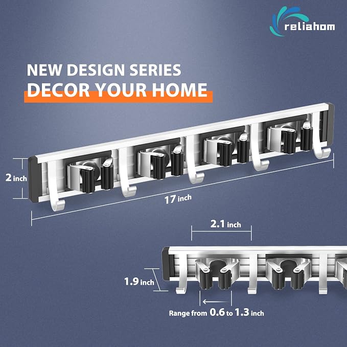 reliahom Broom Holder Wall Mount, 4 Racks with 5 Hooks Black - Mop Storage Tool Racks, Broom Hanger Tool Organizer for Garage, Kitchen, Garden, Laundry Room - Image 6