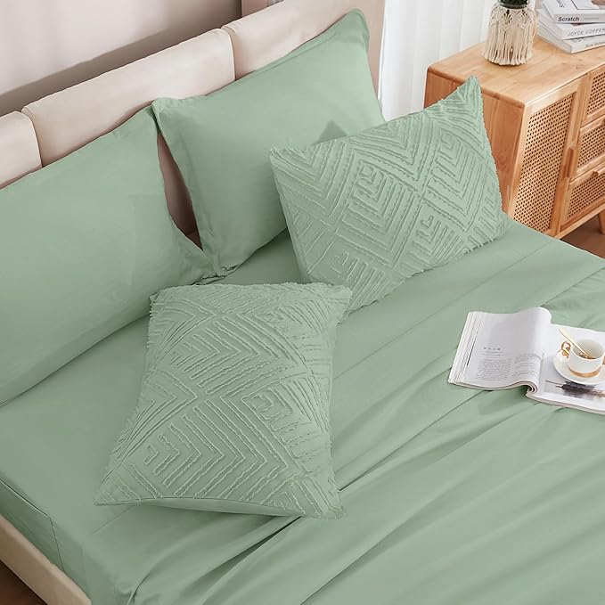 Andency Super King Plus Comforter Set Sage Green - 7 Pieces Bed in a Bag Oversized King Bedding Sets, Boho Tufted Lightweight Fluffy Bed Set with Comforter, Sheets, Pillowcases & Shams