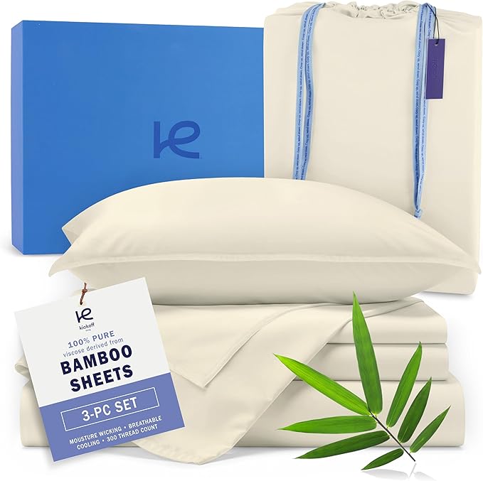 Kickoff Viscose Bamboo Sheets Twin Size 3-pc 100% Organic Bamboo Viscose Bed Cooling Sheets Twin Size Set Cool Bedding for hot Sleepers Sheet, Flat, Fitted, Pillowcase (Buttercream, T)