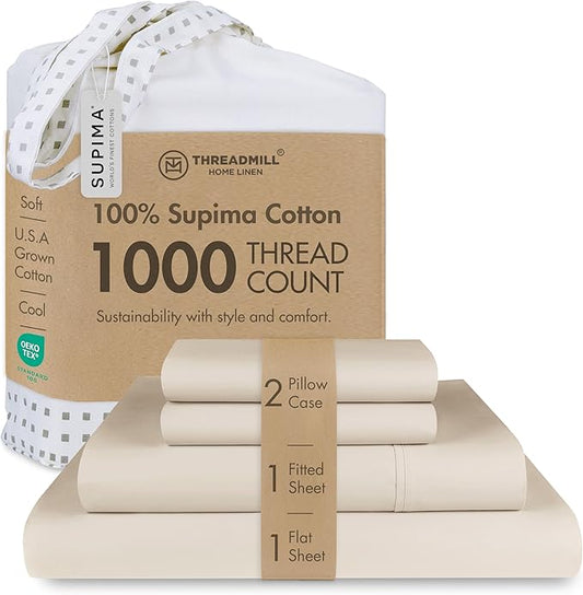 Threadmill Luxury Supima Cotton Sheets, Luxury 1000 Thread Count Soft 100% Cotton Sheets for Full Size Bed, 4 Pc Beige Bed Sheets Full Set, 5-Star Hotel Quality Elasticized Deep Pocket Bed Sheets Set