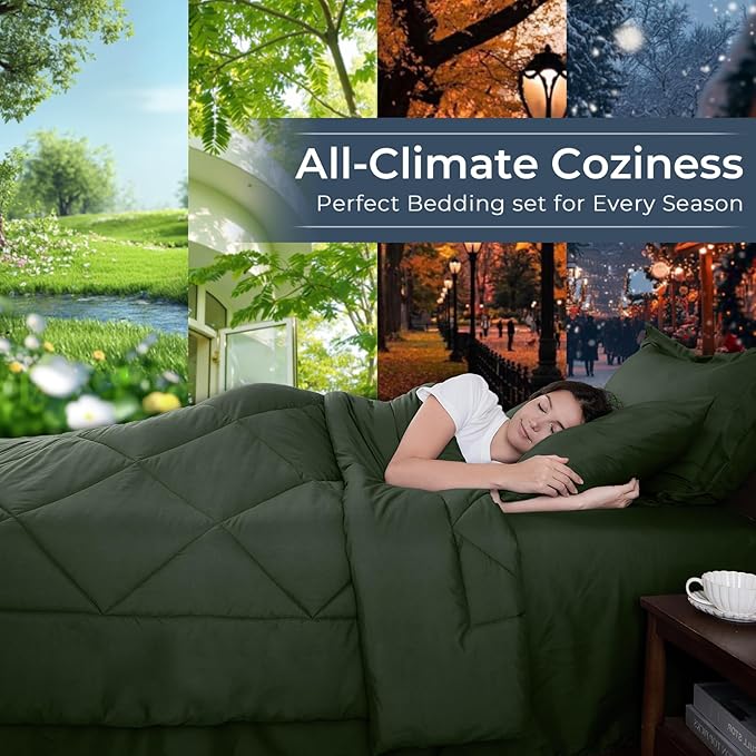HEVUMYI Army Green California King Comforter Set - 7-Piece All Season Bed in a Bag Cal King, Ultra Soft Bedding Set with Comforter, Flat Sheet, Fitted Sheet, Pillowcases, Pillow Shams