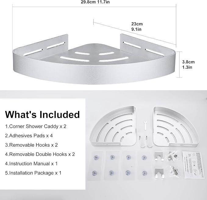 DUFU Adhesive Corner Shower Caddy with Hooks,Bathroom Shower Organizer, No Drilling Rust Proof Aluminum Shower Shelf for Inside Shower 2 Pack (Silver) - Image 2