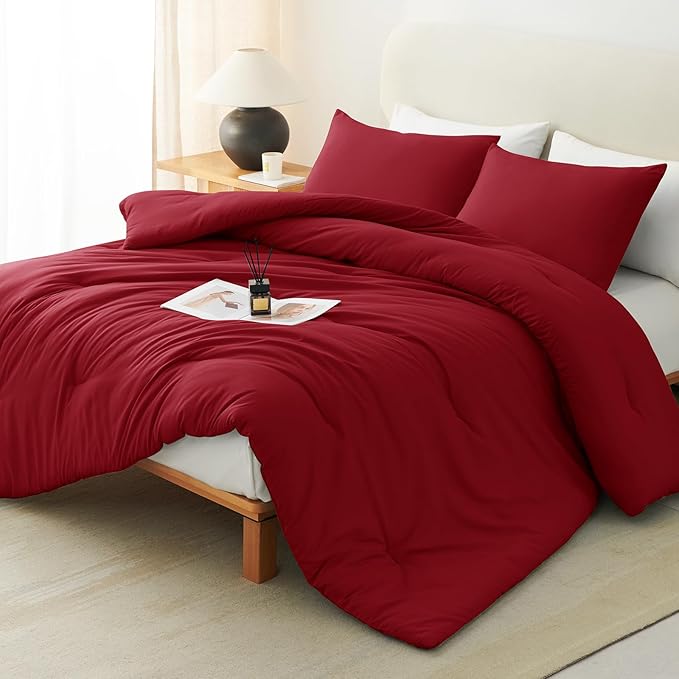 CozyLux King Size Comforter Set Dark Red, 3 Pieces Solid Comforters King Size Breathable Quilted Bedding Sets, Luxury Soft Lightweight Bed Set with Down Alternative Comforter and 2 Pillowcases