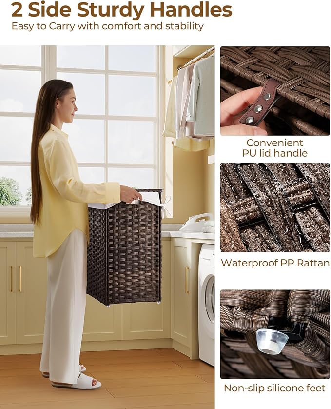 Greenstell Laundry Hamper with Lid, 90L Clothes Hamper with 2 Removable Liner Bags & 2 Mesh Laundry Bags, Handwoven Synthetic Rattan Laundry Basket for Clothes, Toys in Bathroom, Bedroom Brown - Image 3