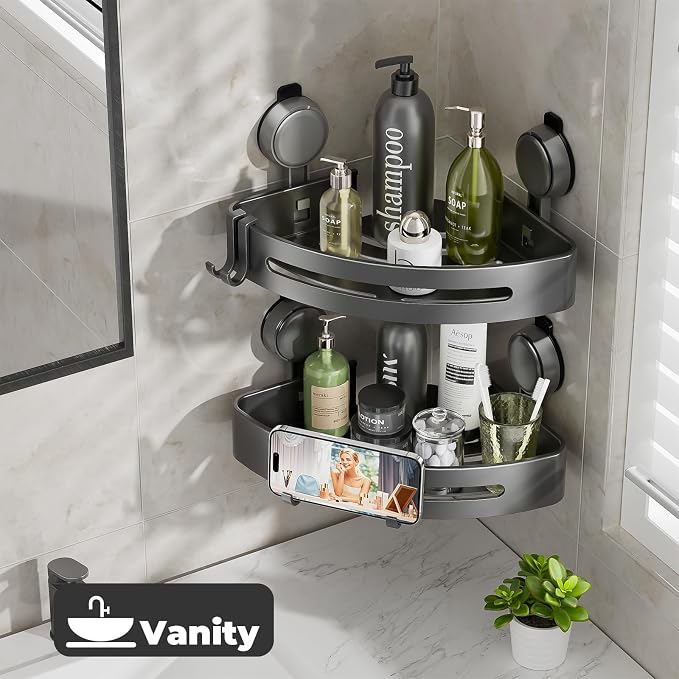 ONXE Shower Caddy Corner,Suction Cup Shower Caddy with Hooks,No Drilling Rustproof Aluminum Bathroom Organizers and Storage,Shelves for Bathroom Accessories Decor (1) - Image 6