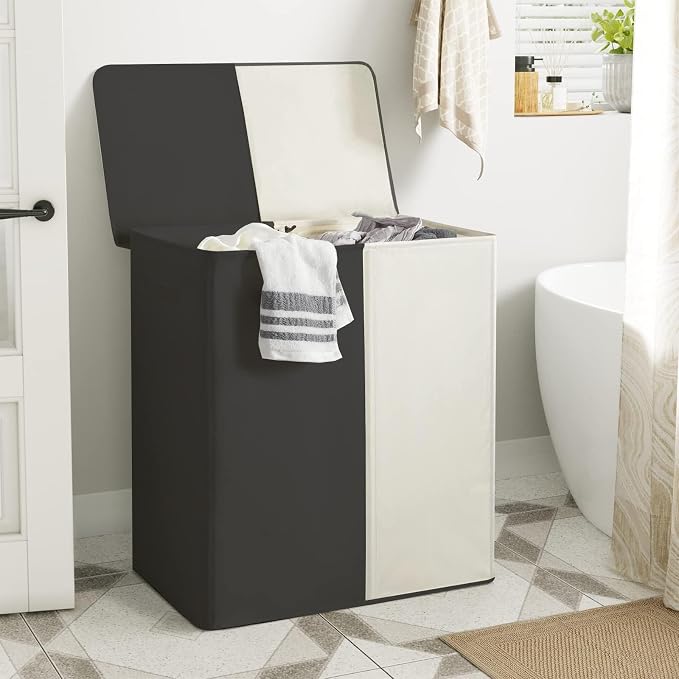 WOWLIVE Double Laundry Baseket with Lid and Removable Laundry Bags,154L Large Laundry Hamper 2 Section Collapsible Dirty Clothes Hamper for Laundry Room,College Dorm,Bathroom,Black and Beige - Image 6