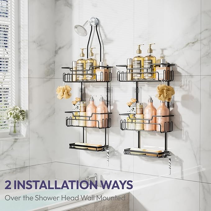 SWTYMIKI Bathroom Shower Caddy Hanging - 3 Tier Rustproof Over Shower Head Organizer, No Drilling Bathroom Shelf with 16 Hooks & Soap Holder, Anti-Swing Rack for Shampoo,Sponge,Towel, Black, Medium - Image 2