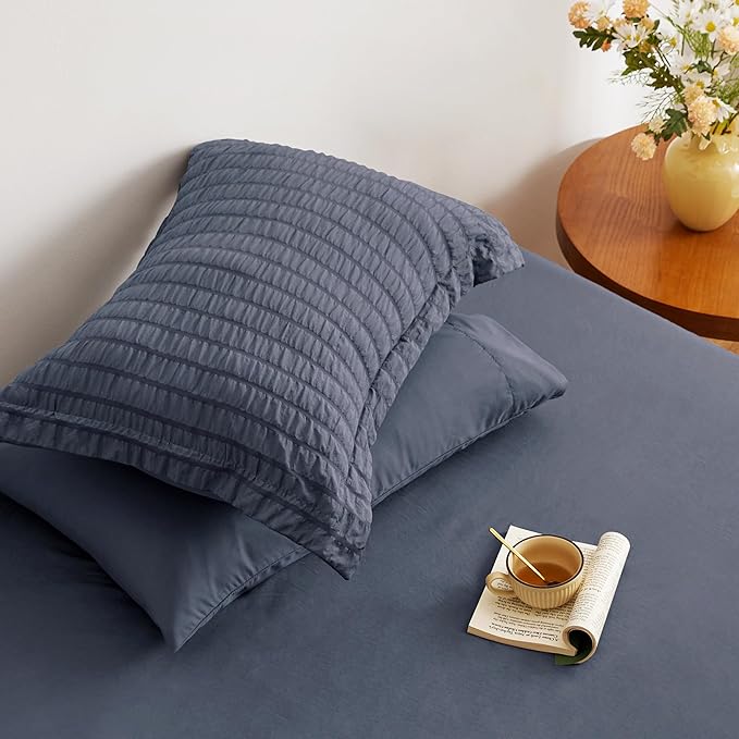 Love's cabin Seersucker Navy Blue Twin XL Comforter Set, 5-Piece All Season Lightweight Bed in a Bag Bedding Set with Comforter, Flat Sheet, Fitted Sheet, Pillowcase and Sham | Soft, Breathable, Lightweight