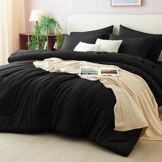 CozyLux Oversized Queen Comforter Set Black, 7 Pieces Bed in a Bag Comforter Set with Sheets, Luxury Soft Bedding Sets with Down Alternative Comforter, Fitted Sheet, Flat Sheet, Pillowcases & Shams