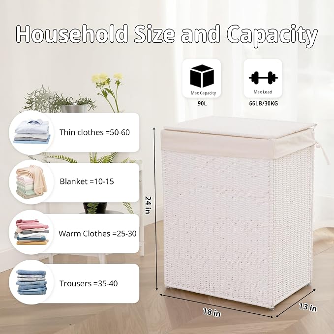 OIAHOMY Laundry Hamper with Lid, 90L(23.8 Gal) Large Wicker Laundry Basket for Bedroom, Handwoven Paper Rope Clothes Hamper with Washable Liner & Metal Frame, Decorative Organizer for Bathroom White - Image 2