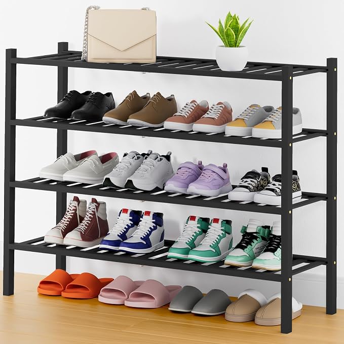 Smiry Shoe Rack, 4 Tier Thick Long Bamboo Shoe Organizer, Stackable Free Standing Wooden Shoe Storage Shelf for Closet, Entryway, Front Door Entrance, Black by Smiry