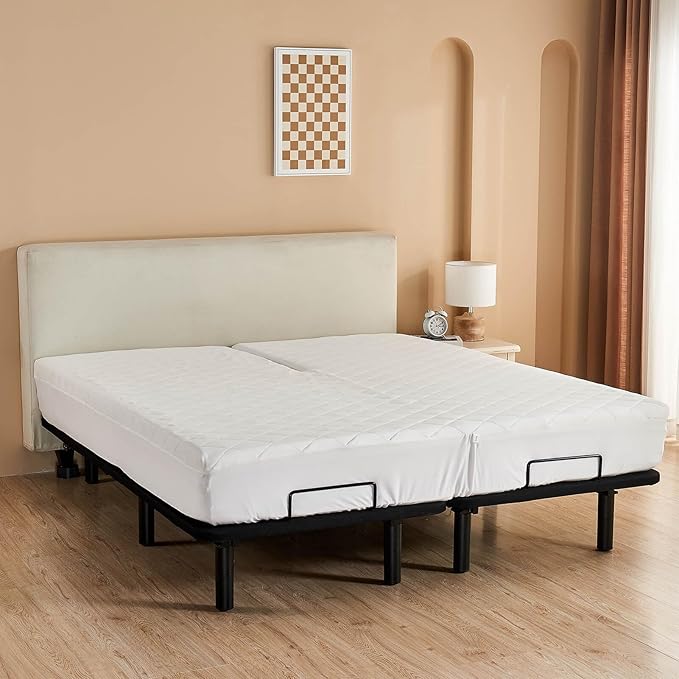 Kingnex Cotton Waterproof Split Top King Mattress Protector for Ajdustable Bed with Upper Flex 32-34 from Head Soft Micorfiber Padded Fitted Quilted Mattress Topper Pad