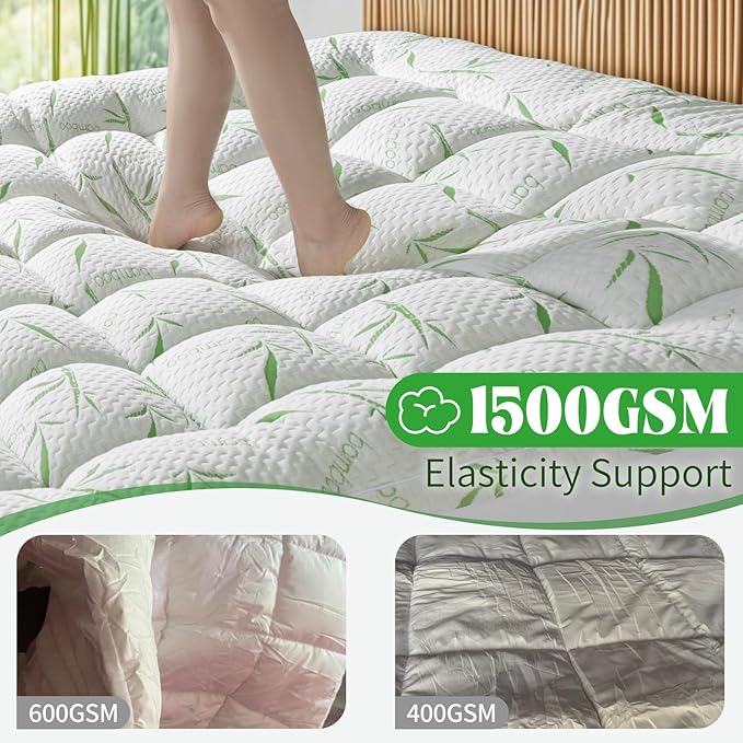 3 Inch Mattress Topper Full XL Size - 1500GSM 3D+7D Down Alternative Fill Pillow Top Mattress Pad, Viscose Made from Bamboo Cover, Extra Firm for Back Pain, 6"-18" Deep Pocket(54"x80")