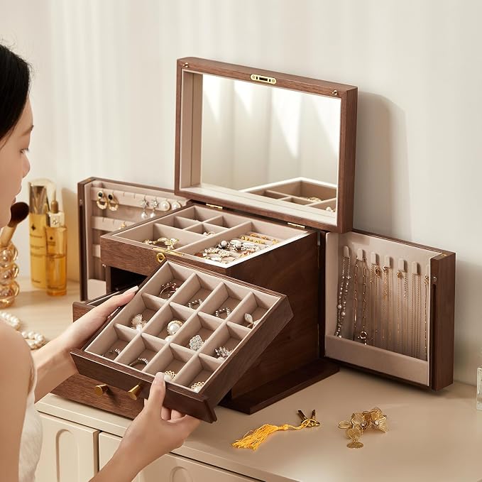 Black Walnut Wooden Jewelry Box, Wood Jewelry Organizer with 2 Side Doors Mirror Lockable Classical Style for Watch Necklace Ring Earring Storage Mothers Day Gifts for Mom-4 Layer - Image 5