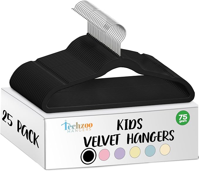 TechZoo 25 Premium Kids Velvet Hangers - 14" Non-Slip Clothes Hangers for Kids & Preteens - Ultra Slim, Space-Saving, Strong & Durable Hangers with 360° Swivel Hook - Black by TECHZOO