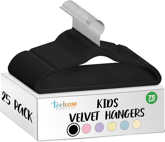TechZoo 25 Premium Kids Velvet Hangers - 14" Non-Slip Clothes Hangers for Kids & Preteens - Ultra Slim, Space-Saving, Strong & Durable Hangers with 360° Swivel Hook - Black by TECHZOO