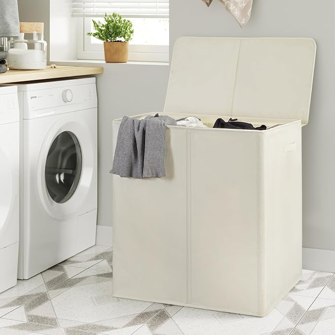 WOWLIVE 180L Double Laundry Hamper with Lid and Removable Laundry Bags, Large Dirty Clothes Hamper 2 section Collapsible Laundry Basket Dorm Room Storage for Bedroom, Bathroom, College,Beige - Image 4