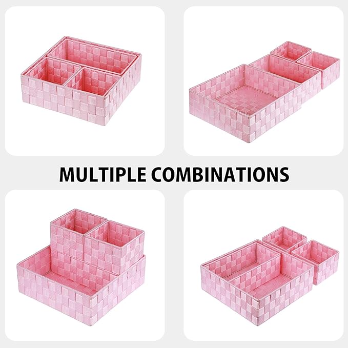 Posprica Woven Storage Baskets for Organizing, Small Baskets Cube Bin Container Tote Organizer Divider for Drawer, Closet, Shelf, Dresser, Set of 4(Pink) - Image 2