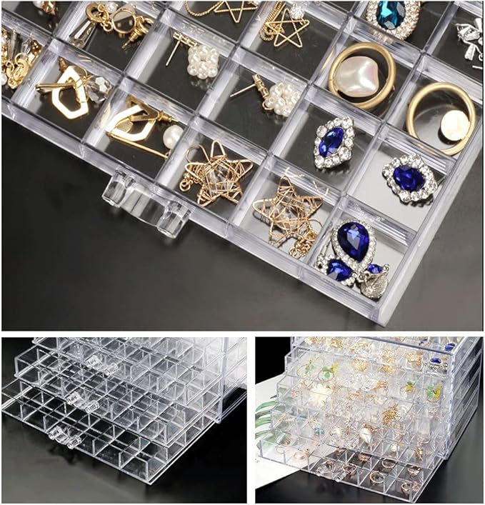 QIYUSHRY Earring Storage Box Acrylic Jewelry Storage Holder Ring Clear Plastic Transparent Jewelry Display Stand with 5 Drawers 120 Small Compartment Tray for Women Girls - Image 3