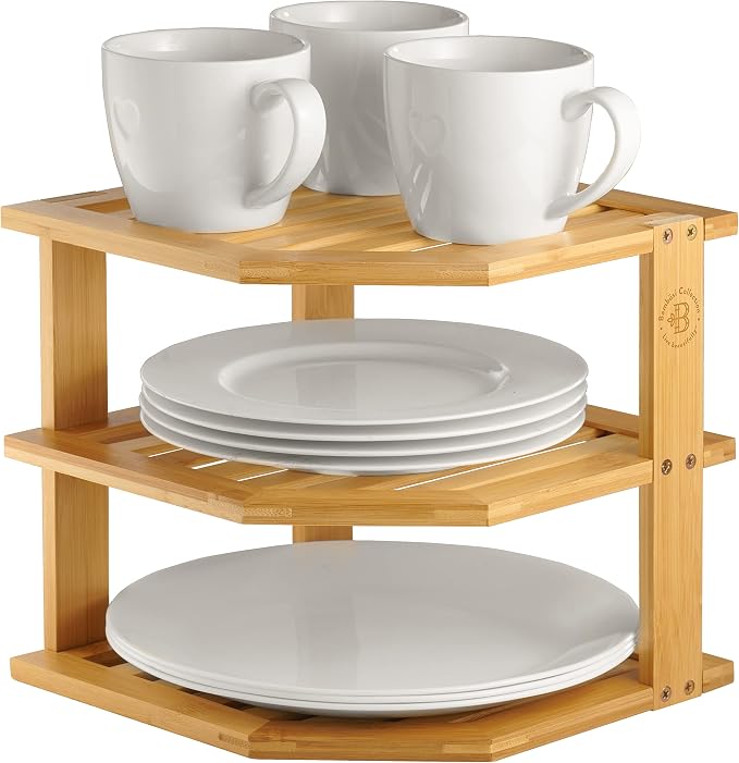 Plate Organizer for Cabinet - 3 Tier Bamboo Corner Shelf Cabinet Organizer for Plates, Bowls, Mugs and Pantry Storage, Space Saving Countertop and Cabinet Corner Shelf, 10 x 10 x 9.5 Inch, Bambusi - Image 7
