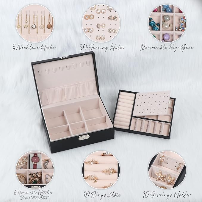 Jewelry Box for Women Girls, 2 Layers Jewelry Organizer Container with Lock, PU Leather Storage Case with Removable Tray, Jewelry Display Box for Necklaces Earrings Bracelets Rings Watches - Black - Image 3