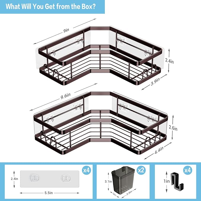 AKTECKE Shower Caddy Corner Organizer: 2Pack Adhesive Shower Shelf Essentials - No Drilling Stainless Steel Bathroom Storage Rack with Hooks and Toothpaste Holder - Shower Accessories - Image 4