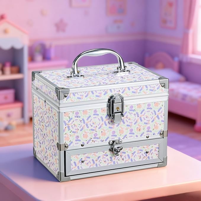 Hododou Girls Jewelry Box Organizer with Drawer & Mirror, Shiny Pink Style Lockable Storage Case for Kid or Little Girls Jewelry and Hair Accessories Lilac - Image 2