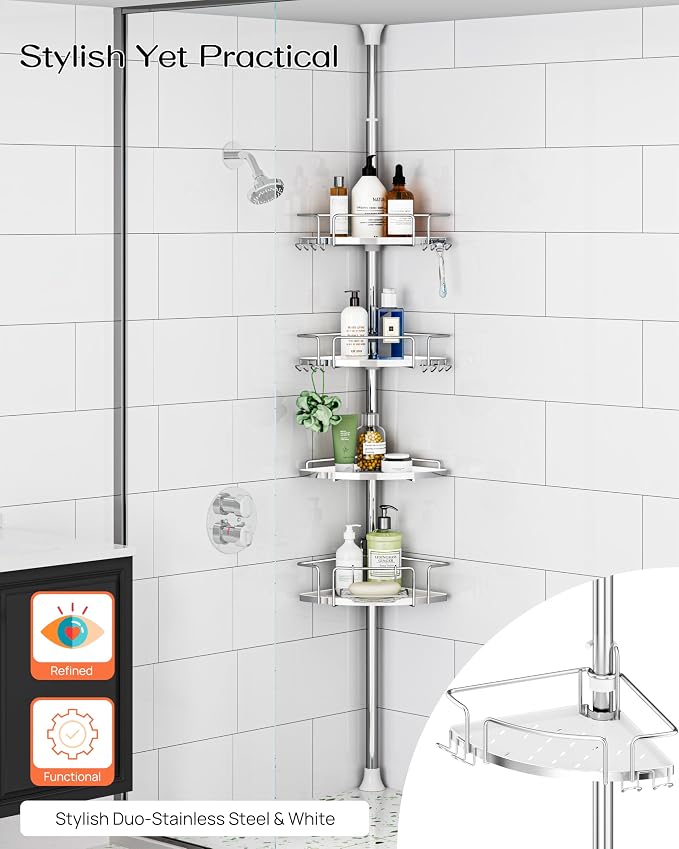 ALLZONE Corner Shower Caddy Tension Pole, 4 Hang-On Basket with Mixed-Height Shelves for Various Bottle Sizes, Extra Hooks & Soap Holder, Rustproof Stainless Steel, Fits 34–116 Inch, Silver/White - Image 5