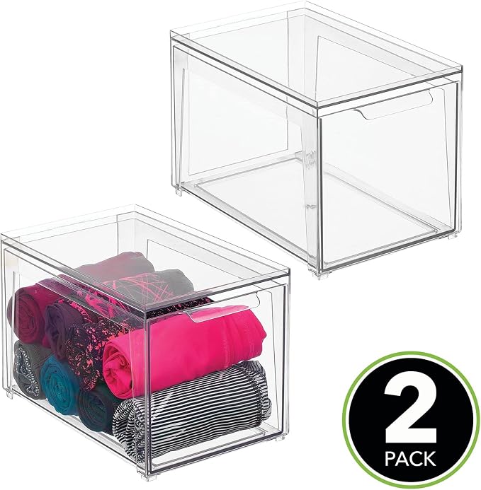 mDesign Plastic Stackable Closet Storage Organizer Bins with Pull Out Drawer for Cabinet, Desk, Shelf, Cupboard, or Dresser Organization - Lumiere Collection - 2 Pack - Clear - Image 2
