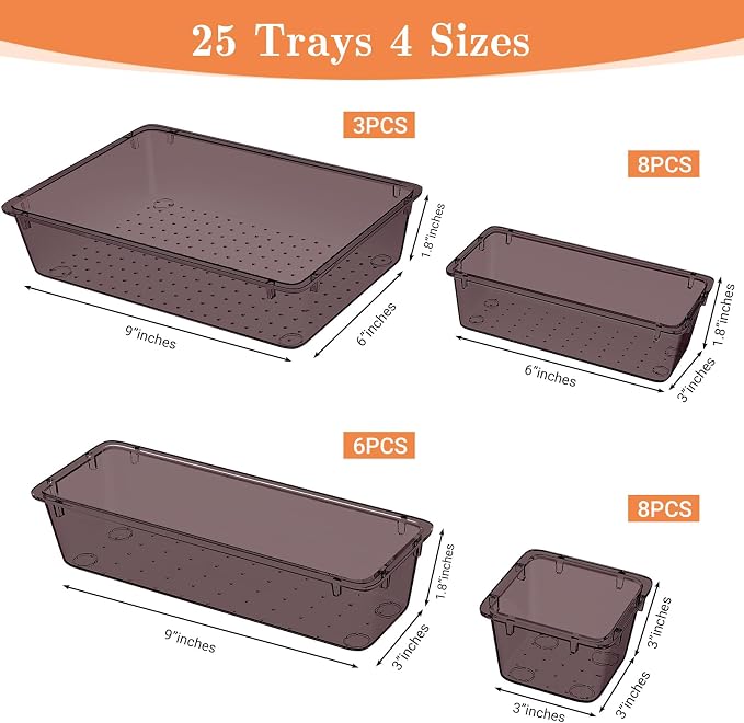 SpaceHacks 25 PCS Plastic Drawer Organizer Set, 4-Size Versatile Organizer Trays & storage Bins for Makeup, Jewelry, and Gadgets in Bathroom, Bedroom and Office,Brown - Image 2