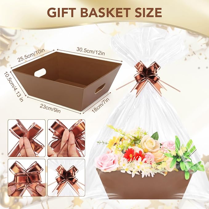 AFOROEOA 20PACK Baskets for Gifts Empty, 12x10x4” Thick Brown Gift Basket with Handles, 20 Bows & 20 Bags - Empty Gift Baskets for Christmas, Thanksgiving, Wedding, Birthday Party, Wrapping Gifts - Image 2