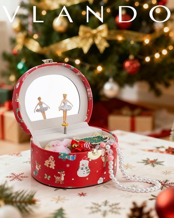 Vlando Christmas Gifts for Girl, Musical Jewelry Box for Girls, Small Kid Music Box with Ballerina for Party Bedroom Decor, Gifts for Girls Kids - Christmas Red - Image 6