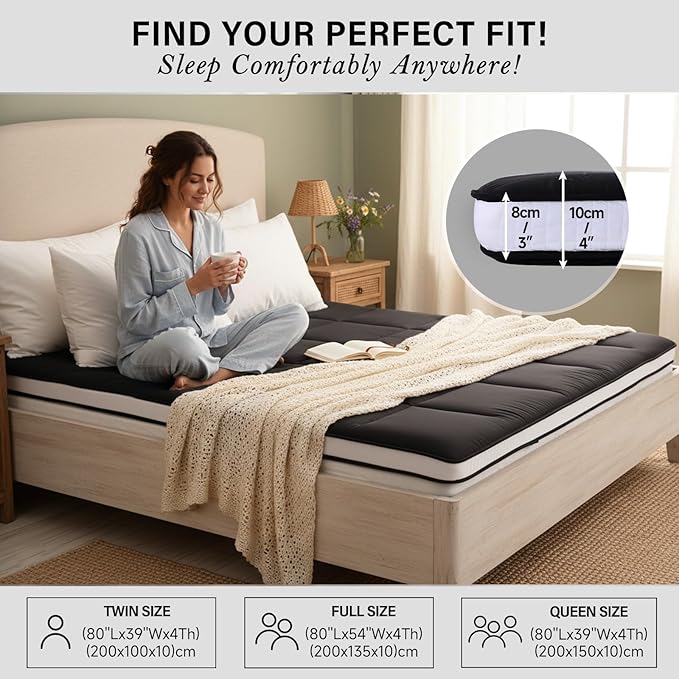 Tiita Floor Mattress Memory Foam Mattress Topper, 4" Thicken Futon Mattress with Storage Bag and 2 Straps, Portable Roll Up Travel Car Camping Mattress Sleeping Pad Full Size, Black