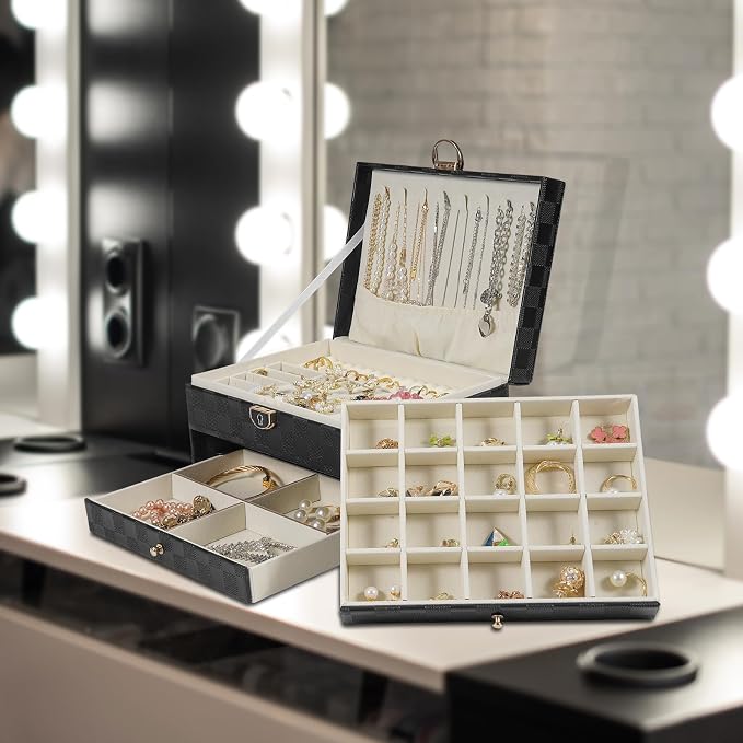 GUOER Jewelry Box for Women Girl Wife - Large PU Leather Jewelry Organizer Storage Case with 3 Layers Display for Earrings Bracelets Rings Watches (Checkered Black) - Image 6