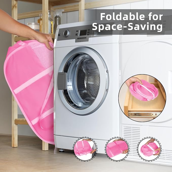 Collapsible Laundry Baskets, Tear Proof Pop Up Laundry Hamper with Dual Handles, Durable Foldable Laundry Basket, Easy to Carry Laundry Hamper for Home, Laundry Room, Bedroom, Dorm, Travel Pink - Image 5