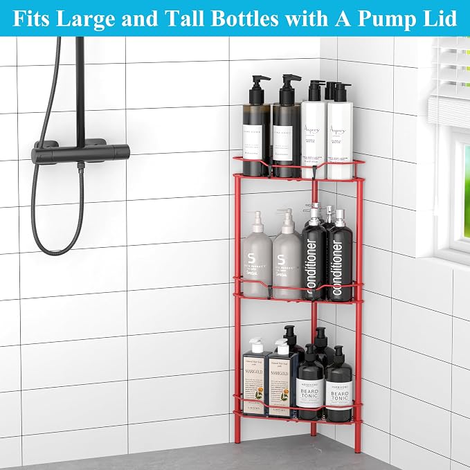 HuggieGems 3 Tier Floor Standing Corner Shower Caddy Organizer Shelf with Hooks, Bathroom Shelves Stand Rack, Red - Image 4