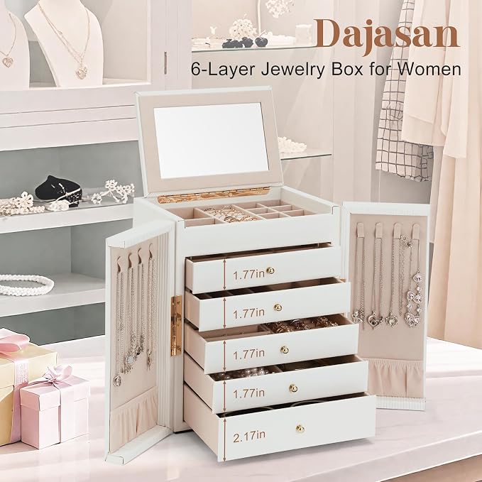 Dajasan Large Jewelry Organizer Box, Jewelry Boxes for Women Girls, 6-Tier Jewelry Storage Organizer with Mirror for Necklace Ring Bracelet Watch, Gift Idea (White) - Image 7