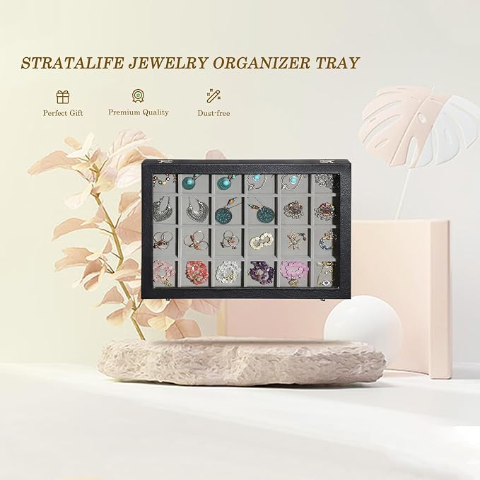 Stratalife Earring Organizer Velvet Jewelry Organizer Box 24 Grid Earring Tray Jewelry Display Jewelry Storage Jewelry Trays For Drawers Jewelry Display Case With Clasp (Gray Black) - Image 6