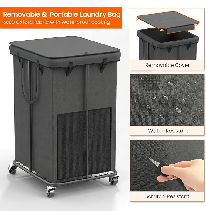 160L Laundry Hamper with Lid, Rolling Laundry Basket with Wheels, Large & Tall Dirty Clothes Hamper with Metal Frame and Removable Bag for Bedroom Aesthetic, Laundry Room, Bathroom, Dorm-Dark Gray - Image 3