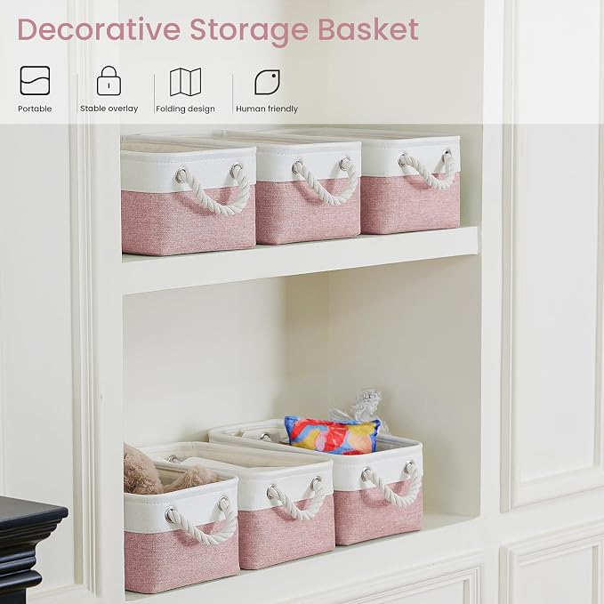 Storage Baskets for Shelves 11.8x7.9x5.2 Inch, Foldable Fabric Storage Bins with Handles, Small Storage Baskets for Organizing Closet, Office, Home Organization (6-Pack, White&Pink) - Image 5