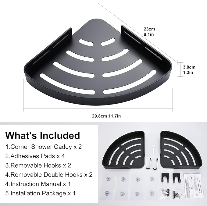 DUFU Adhesive Corner Shower Caddy with Hooks,Bathroom Shower Organizer, No Drilling Rust Proof Aluminum Shower Shelf for Inside Shower 2 Pack (Black) - Image 2