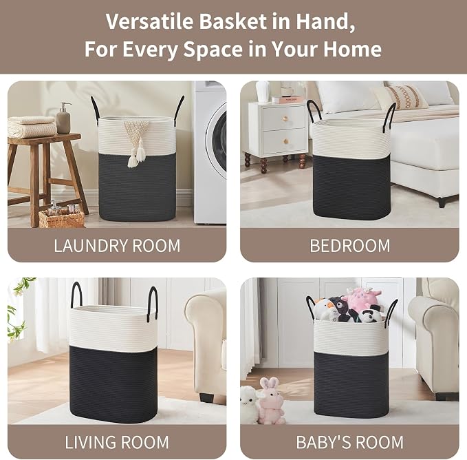 AINUOQI Laundry Basket with Handles - Blanket Basket & Hampers for Bedroom Aesthetic, Laundry Hamper & Blanket Storage for Living Room, Clothes Hamper, Tall, Large 17" x 14" x 25”, White & Black - Image 4