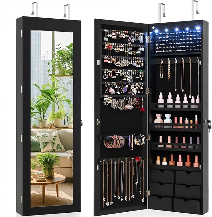 Giantex Wall Door Mounted Jewelry Cabinet with Full Length Mirror, Lockable Over Door Jewelry Armoire with LED Lights, 47.5" Large Jewelry Storage Organizer with 6 Drawers, Black by Giantex