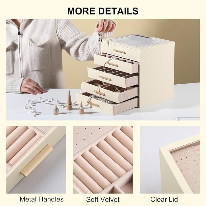 Frebeauty Clear Lid Jewelry Box,5-Layer Jewelry Organizer with Drawer,PU Leather Jewelry Organizers and Storage,Jewelry Boxes for Women,Jewelry Storage for Rings Earring Stud,Gift for Women(Beige) - Image 5