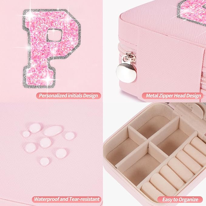 Uygafly Travel Jewelry Case - Personalized Jewelry Box for Women,Small Jewelry Organizer Cute Jewelry Organizers and Storage Aesthetic,Travel Essentials Birthday Gifts for Girls Women | Pink,P - Image 4