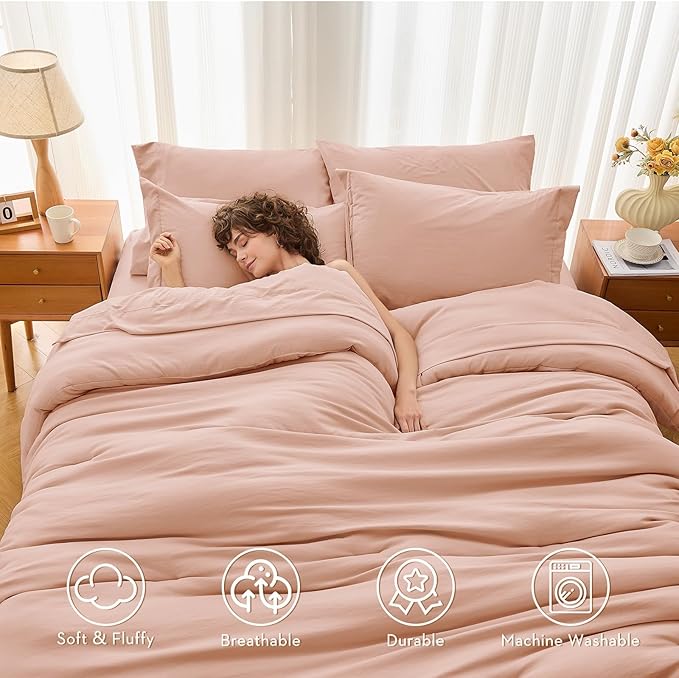 MUXHOMO 7 Pieces King Comforter Set, Soft Bed in a Bag King Size, All Season Bedding Set with Comforter, Flat Sheet, Fitted Sheet, Pillowcases & Shams, Rose Gold