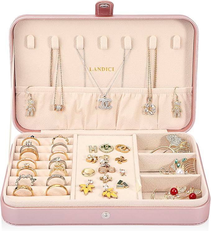 LANDICI Small Jewelry Box for Women Girls, PU Leather Travel Jewelry Case, Portable Jewelry Organizer Storage Holder Display for Ring Earrings Necklace Bracelet Women Kids Gift, Rose Gold - Image 2