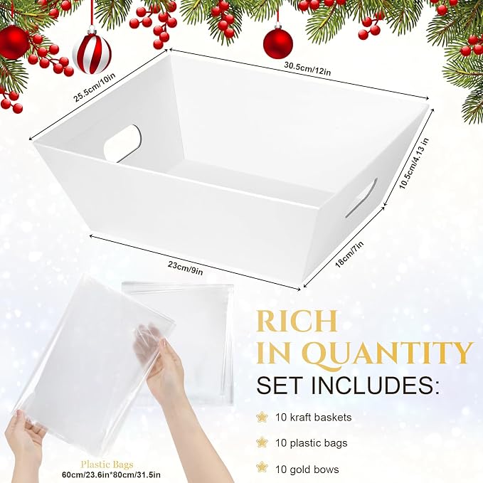 AFOROEOA 10PACK White Baskets For Gifts Empty, 10x12”Thick Kraft Gift Basket with 10 Bows 10 Bags Empty Gift Baskets for Christmas, Easter, Birthdays, Snacks, Farmers Market - Image 3