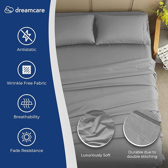 DREAMCARE Queen Sheet Set – 4 pcs Cooling Sheets – up to 21” Extra Deep Pocket Queen Sheets – Hotel Luxury Sheets & Pillowcases – Superior Softness 100% Fine Microfiber with Side Pocket – Light Gray